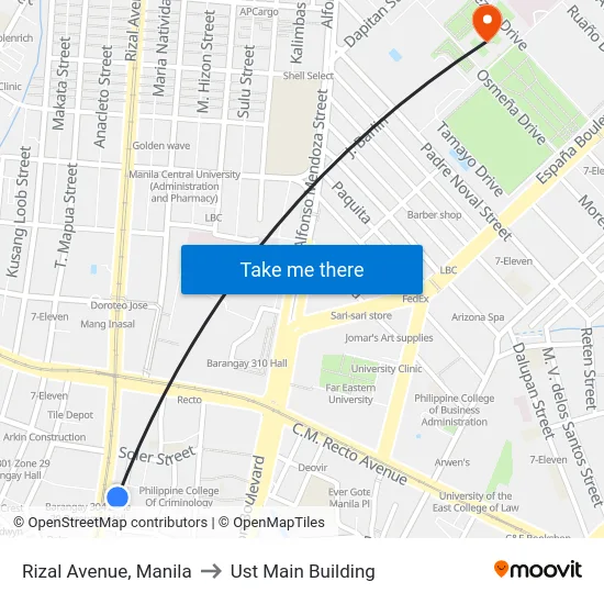 Rizal Avenue, Manila to Ust Main Building map