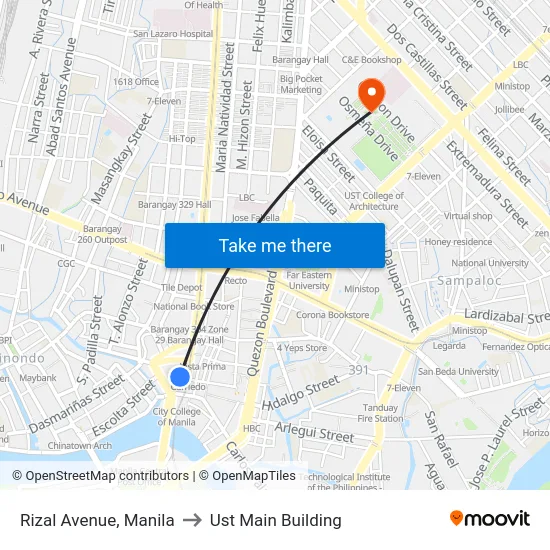 Rizal Avenue, Manila to Ust Main Building map