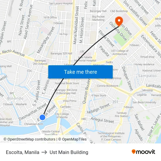 Escolta, Manila to Ust Main Building map
