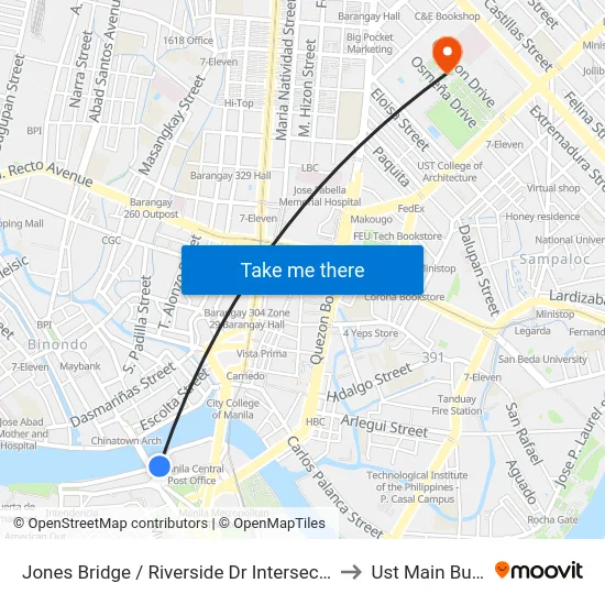 Jones Bridge / Riverside Dr Intersection, Manila to Ust Main Building map