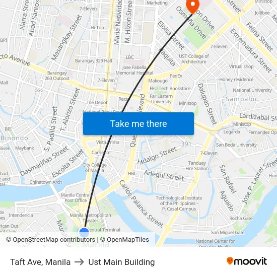 Taft Ave, Manila to Ust Main Building map