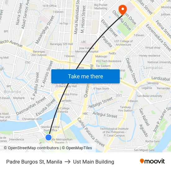 Padre Burgos St, Manila to Ust Main Building map