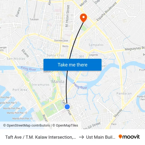 Taft Ave / T.M. Kalaw Intersection, Manila to Ust Main Building map