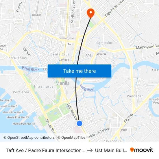 Taft Ave / Padre Faura Intersection, Manila to Ust Main Building map