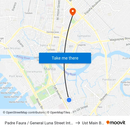 Padre Faura / General Luna Street Intersection, Manila to Ust Main Building map