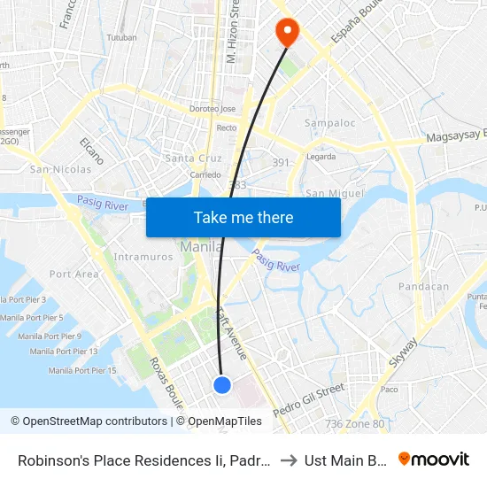 Robinson's Place Residences Ii, Padre Faura, Manila to Ust Main Building map