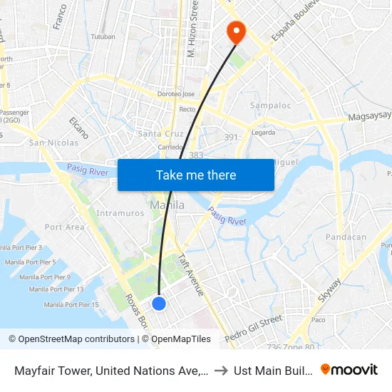 Mayfair Tower, United Nations Ave, Manila to Ust Main Building map