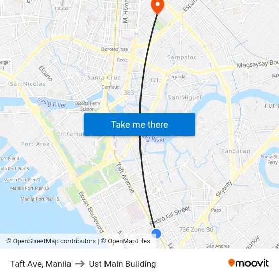 Taft Ave, Manila to Ust Main Building map