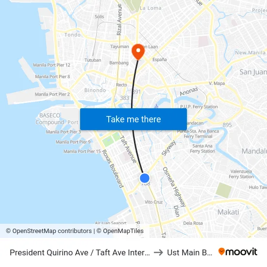 President Quirino Ave / Taft Ave Intersection, Manila to Ust Main Building map