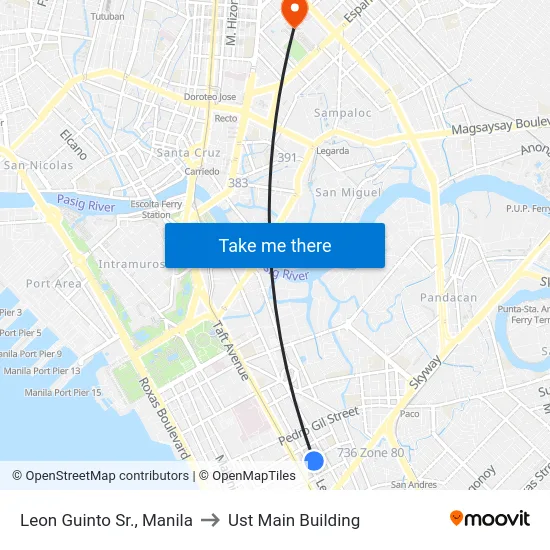 Leon Guinto Sr., Manila to Ust Main Building map