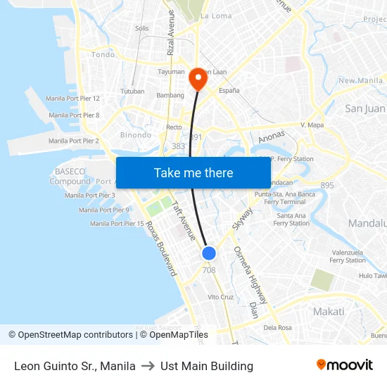 Leon Guinto Sr., Manila to Ust Main Building map