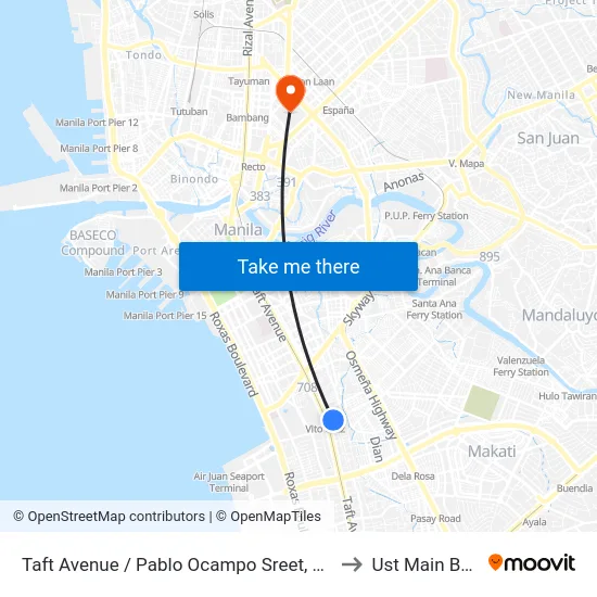 Taft Avenue / Pablo Ocampo Sreet, Avenue, Manila to Ust Main Building map
