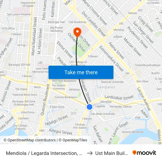 Mendiola / Legarda Intersection, Manila to Ust Main Building map