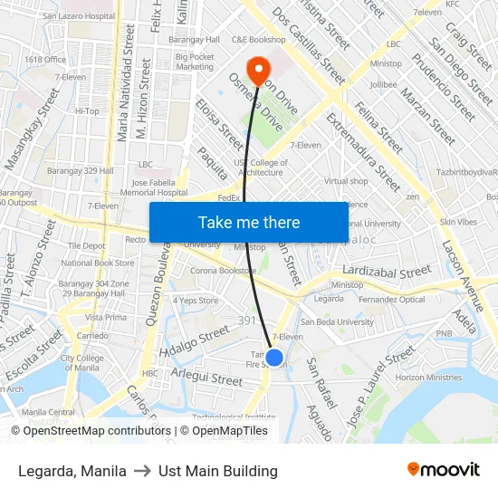 Legarda, Manila to Ust Main Building map