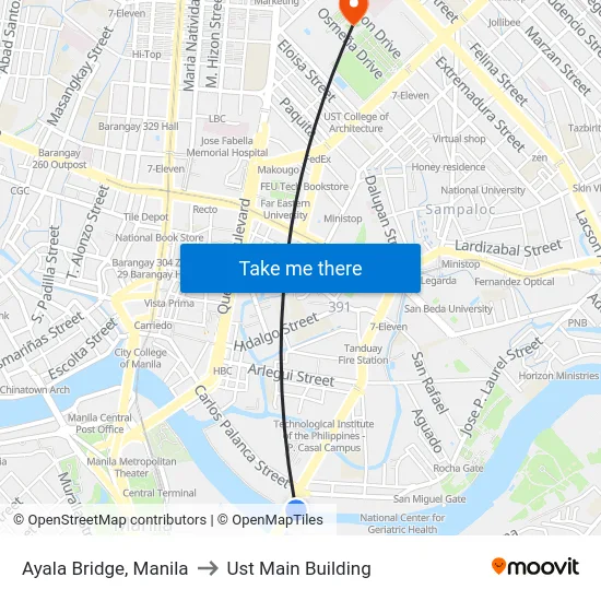 Ayala Bridge, Manila to Ust Main Building map
