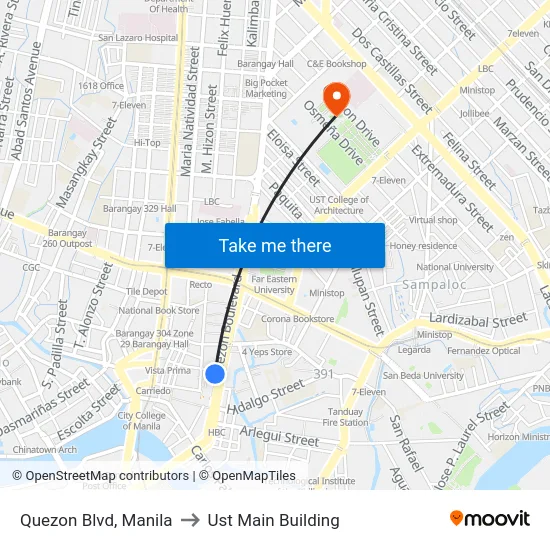 Quezon Blvd, Manila to Ust Main Building map