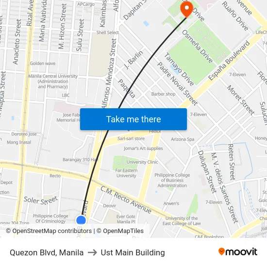 Quezon Blvd, Manila to Ust Main Building map