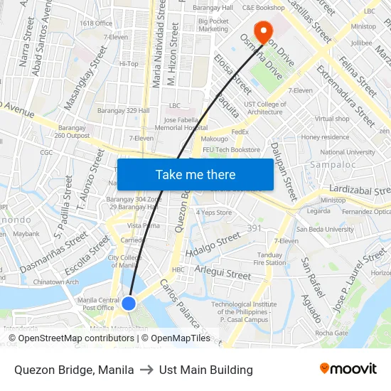 Quezon Bridge, Manila to Ust Main Building map
