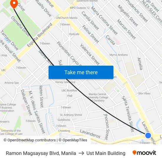 Ramon Magsaysay Blvd, Manila to Ust Main Building map