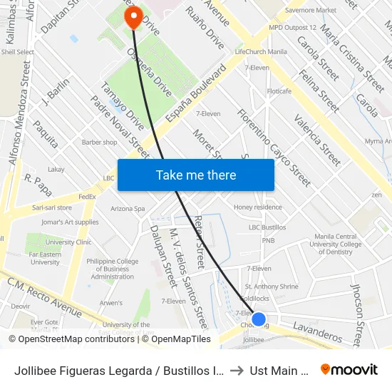 Jollibee Figueras Legarda / Bustillos Intersection, Manila to Ust Main Building map