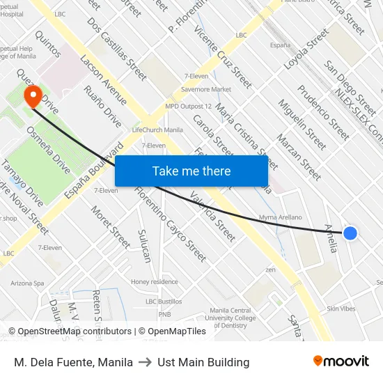 M. Dela Fuente, Manila to Ust Main Building map
