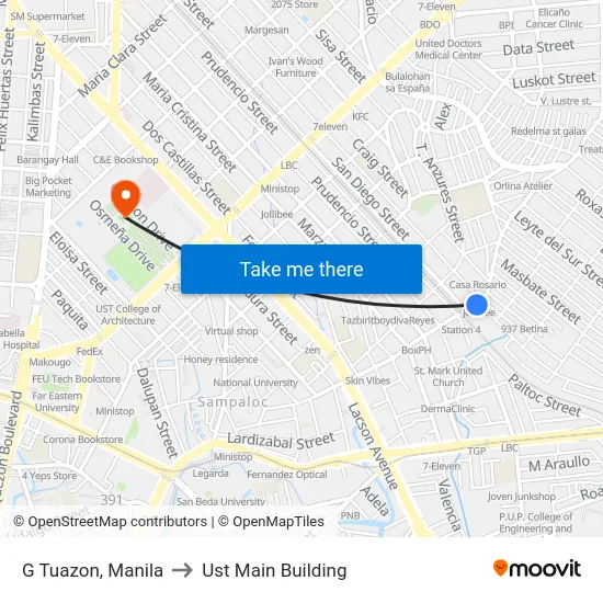 G Tuazon, Manila to Ust Main Building map