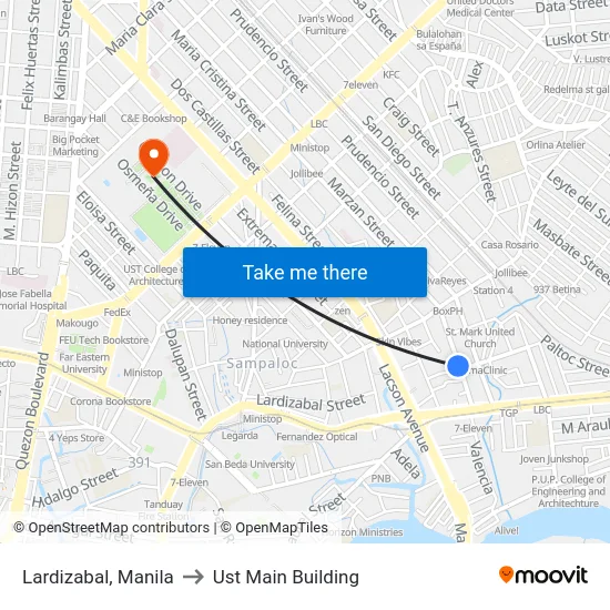 Lardizabal, Manila to Ust Main Building map