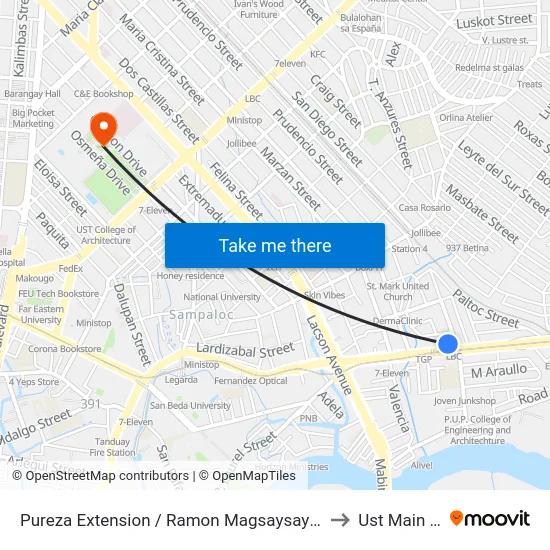 Pureza Extension / Ramon Magsaysay Blvd Intersection, Manila to Ust Main Building map