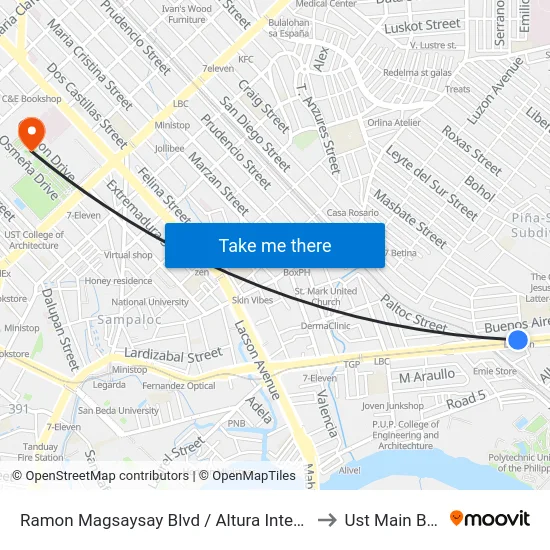 Ramon Magsaysay Blvd / Altura Intersection, Manila to Ust Main Building map