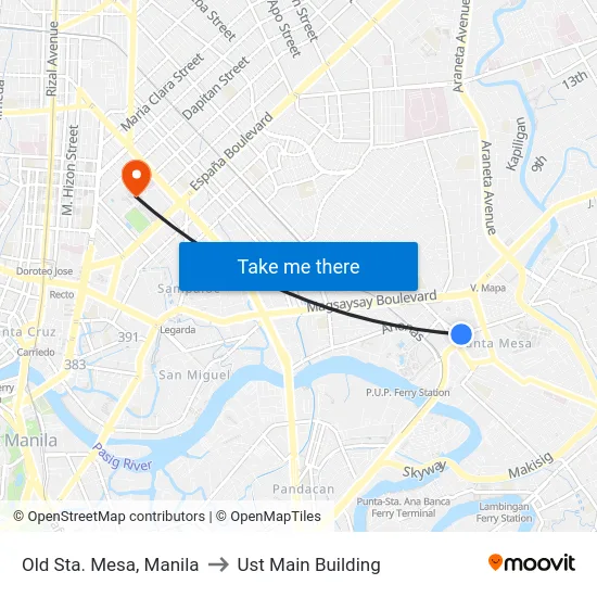 Old Sta. Mesa, Manila to Ust Main Building map