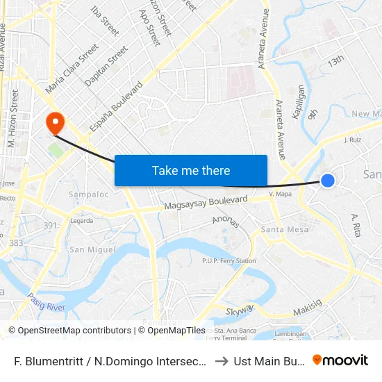 F. Blumentritt / N.Domingo Intersection, Manila to Ust Main Building map