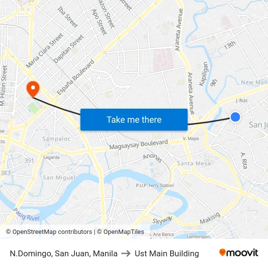 N.Domingo,  San Juan, Manila to Ust Main Building map