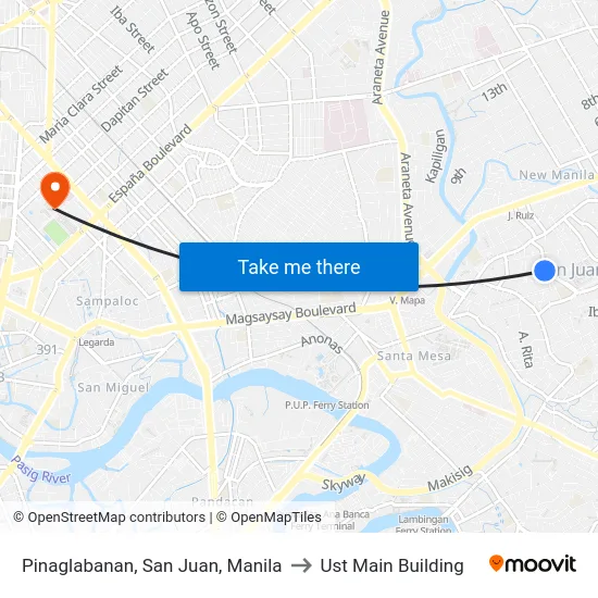 Pinaglabanan, San Juan, Manila to Ust Main Building map
