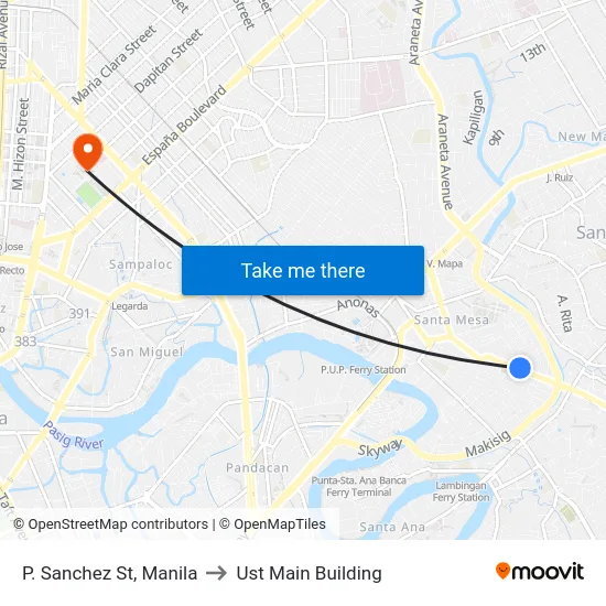 P. Sanchez St, Manila to Ust Main Building map