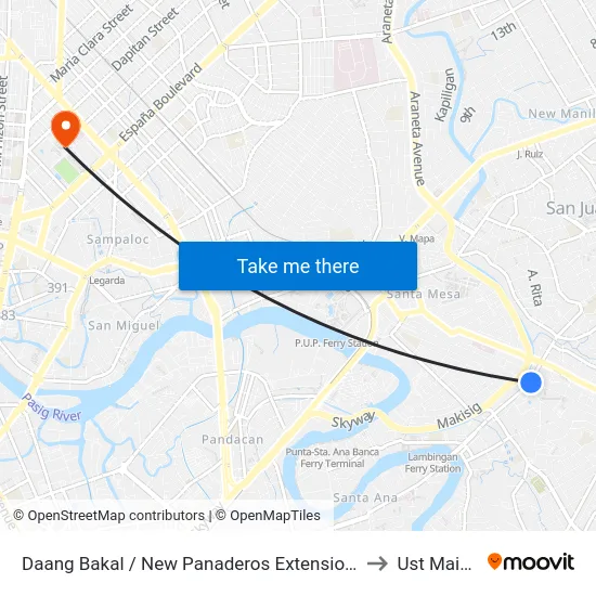 Daang Bakal / New Panaderos Extension Intersection, Mandaluyong City to Ust Main Building map