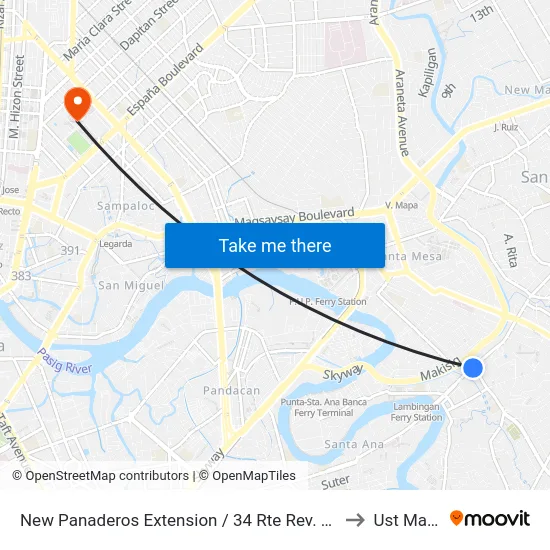 New Panaderos Extension / 34 Rte Rev. G. Aglipay Intersection, Mandaluyong City to Ust Main Building map
