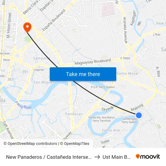 New Panaderos / Castañeda Intersection, Manila to Ust Main Building map