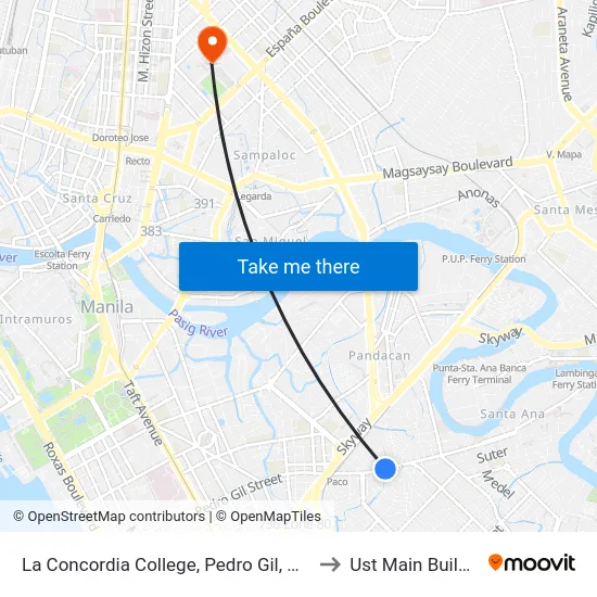 La Concordia College, Pedro Gil, Manila to Ust Main Building map