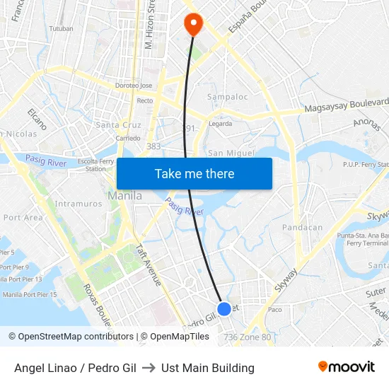Angel Linao / Pedro Gil to Ust Main Building map