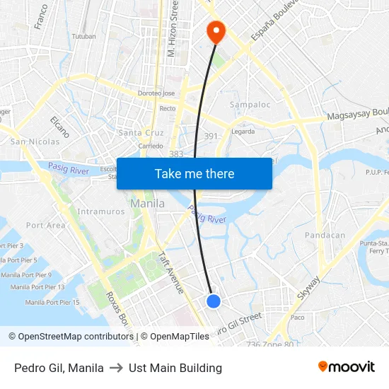 Pedro Gil, Manila to Ust Main Building map