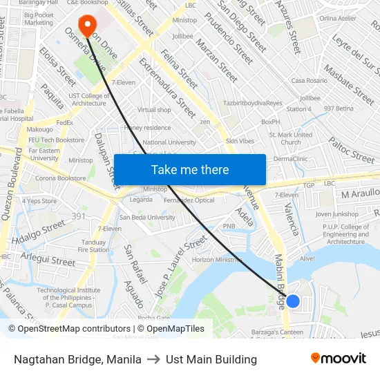 Nagtahan Bridge, Manila to Ust Main Building map