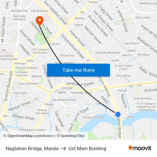 Nagtahan Bridge, Manila to Ust Main Building map