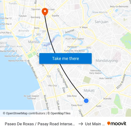 Paseo De Roxas / Pasay Road Intersection, Makati City, Manila to Ust Main Building map
