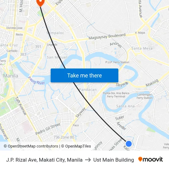J.P. Rizal Ave, Makati City, Manila to Ust Main Building map