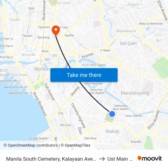 Manila South Cemetery, Kalayaan Ave, Makati City, Manila to Ust Main Building map