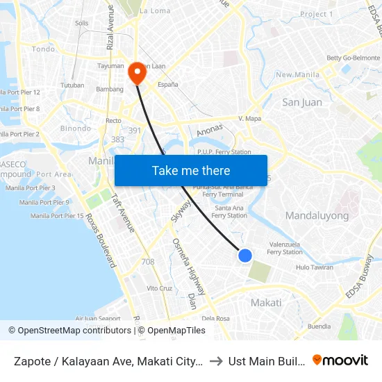 Zapote / Kalayaan Ave, Makati City, Manila to Ust Main Building map