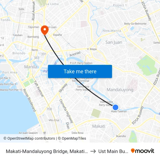 Makati-Mandaluyong Bridge, Makati City, Manila to Ust Main Building map