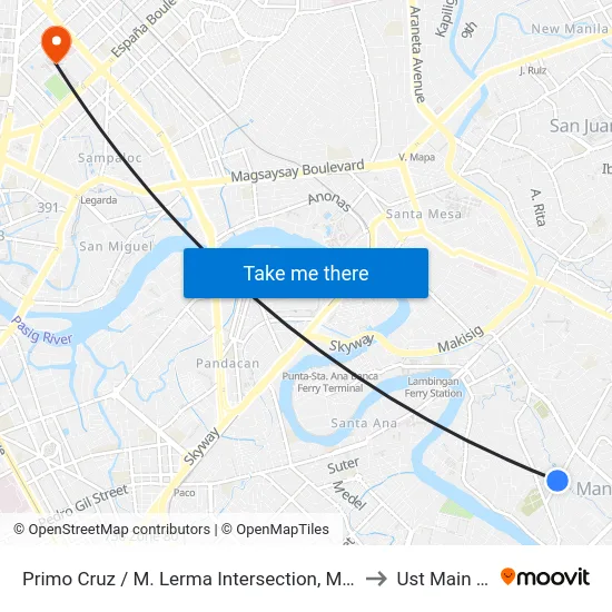 Primo Cruz / M. Lerma Intersection, Mandaluyong City, Manila to Ust Main Building map