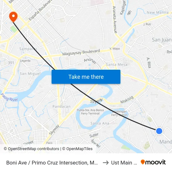 Boni Ave / Primo Cruz Intersection, Mandaluyong City, Manila to Ust Main Building map