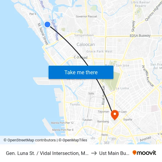Gen. Luna St. / Vidal Intersection, Malabon City to Ust Main Building map